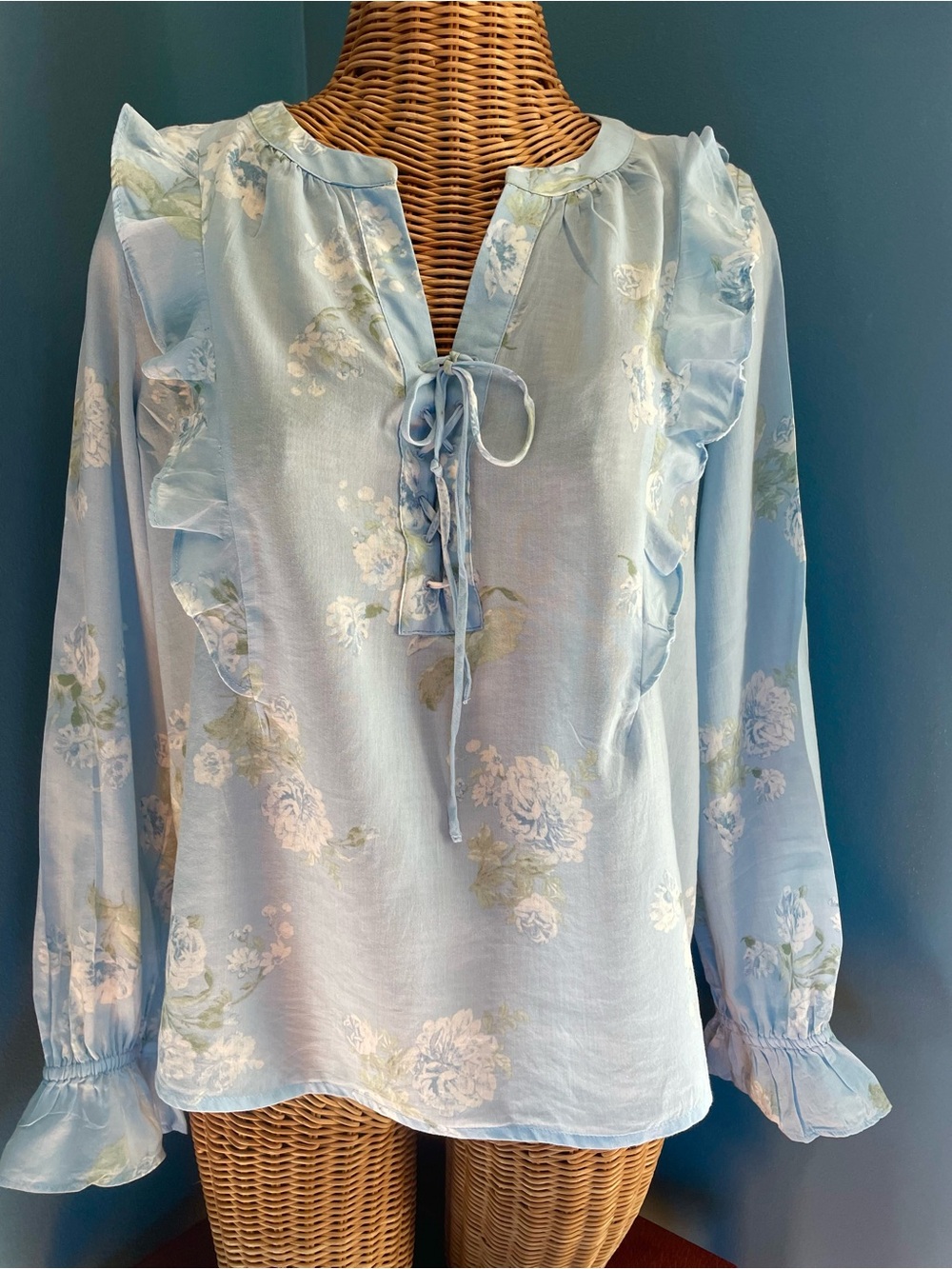 LOFT Light Blue Floral Lace Up Long Sleeve Ruffle Top Cotton Blend Small
